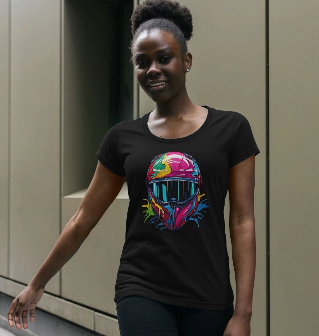 Black t-shirt with colorful motorcycle helmet graphic (person)