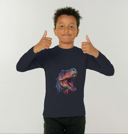 Colour Drip T-Rex - Kids Organic Long Sleeve T-shirt