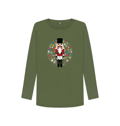 Olive green long-sleeved t-shirt with nutcracker design