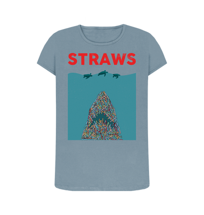 Light blue t-shirt with "STRAWS" text and straw illustration
