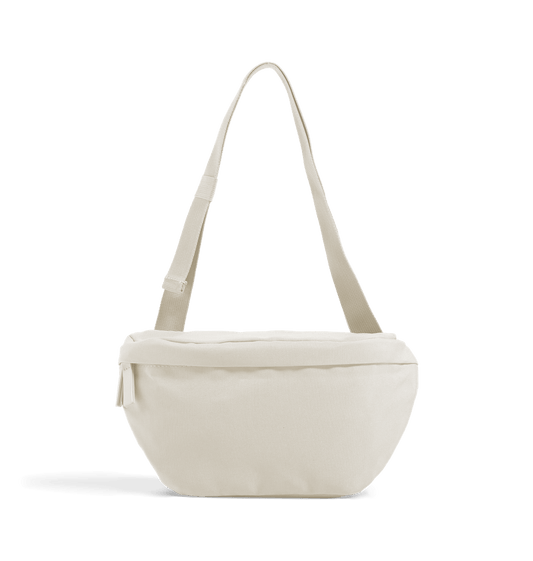 White canvas crossbody bag with adjustable strap