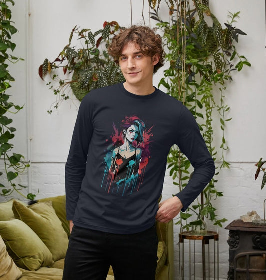 Long-sleeved t-shirt with colorful graphic design (person)