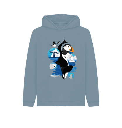 Arctic animal hoodie with puffin and polar bear